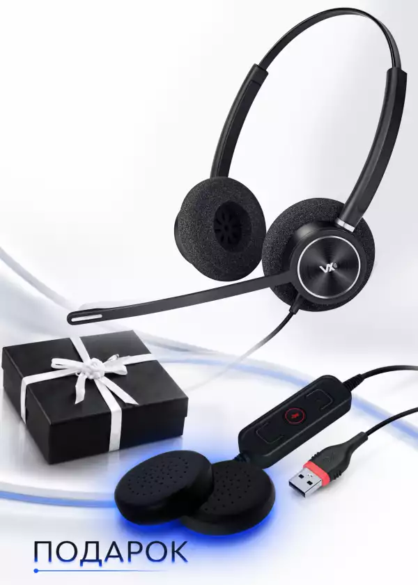 VoiceXpert VXH-300D-L — Проводная USB-гарнитура (2 динамика, USB-A, 3 кнопки) + комплект подушечек из экокожи в подарок